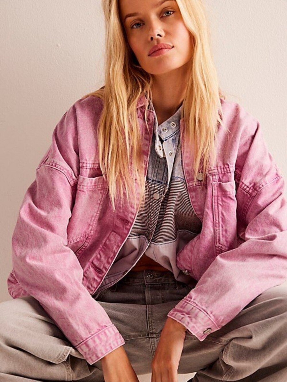 [Free People, We The Free] Opal Swing Jean Jacket in Pink, Size S